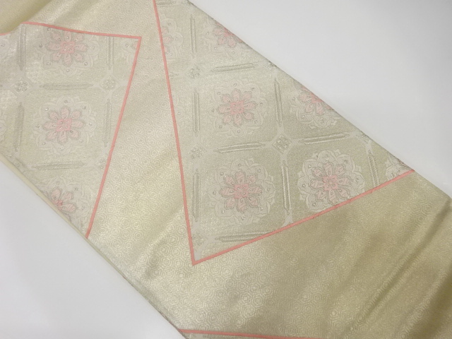 JAPANESE KIMONO / ANTIQUE FUKURO OBI / SILK / WOVEN FLOWER & DIAGONAL GRID